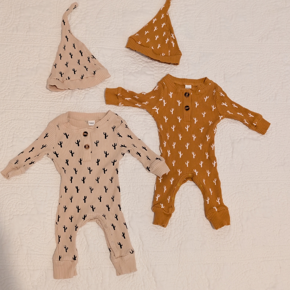 Ribbed Cactus Print One-Piece Romper - Beige and Mustard